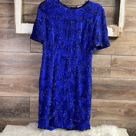 STENAY Vintage 100% Silk Sequined Royal Blue Cocktail Dress Above Knee Size 10 - Picture 2 of 11